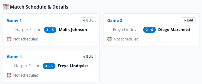 Match schedule with game results and edit actions Match schedule with game results and edit actions