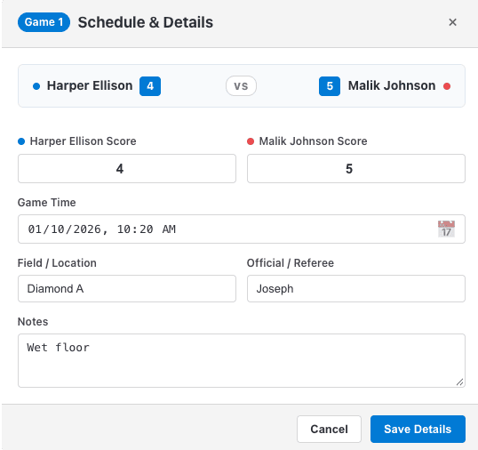 Game details dialog for score, game time, field and referee Game details dialog for score, game time, field and referee